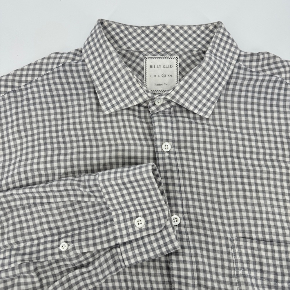 Billy Reid Mens XL Gingham Button Down Shirt Grey White Made in Italy Cotton